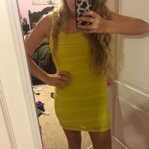 Yellow lace, scoop neck, tight dress